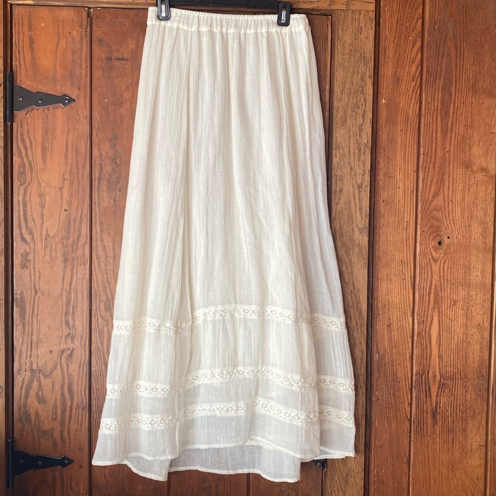 Billabong Cotton Boho Tiered Lace Crochet Gauzy Lined Maxi Skirt Cream Sz L
